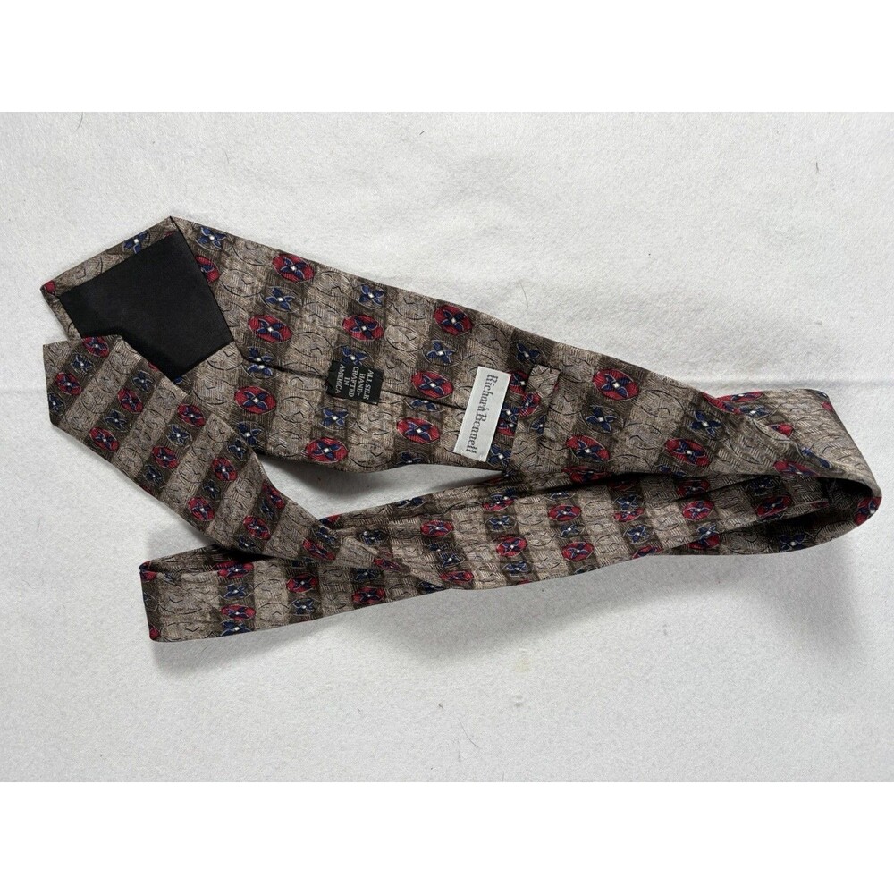 JZ RICHARDS 100% Silk Neck Tie Made in USA Silver Blue Red Geometric Pattern